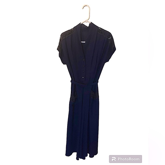 Dresses Vintage Navy House Dress With Black Lace Details Poshmark